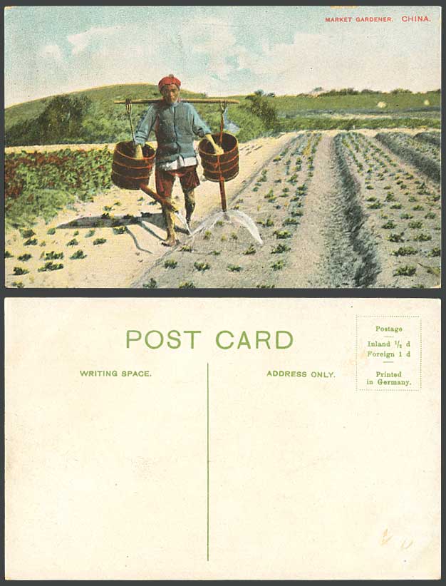 China Old Colour Postcard Chinese Native Market Gardener Farmer Watering Fields