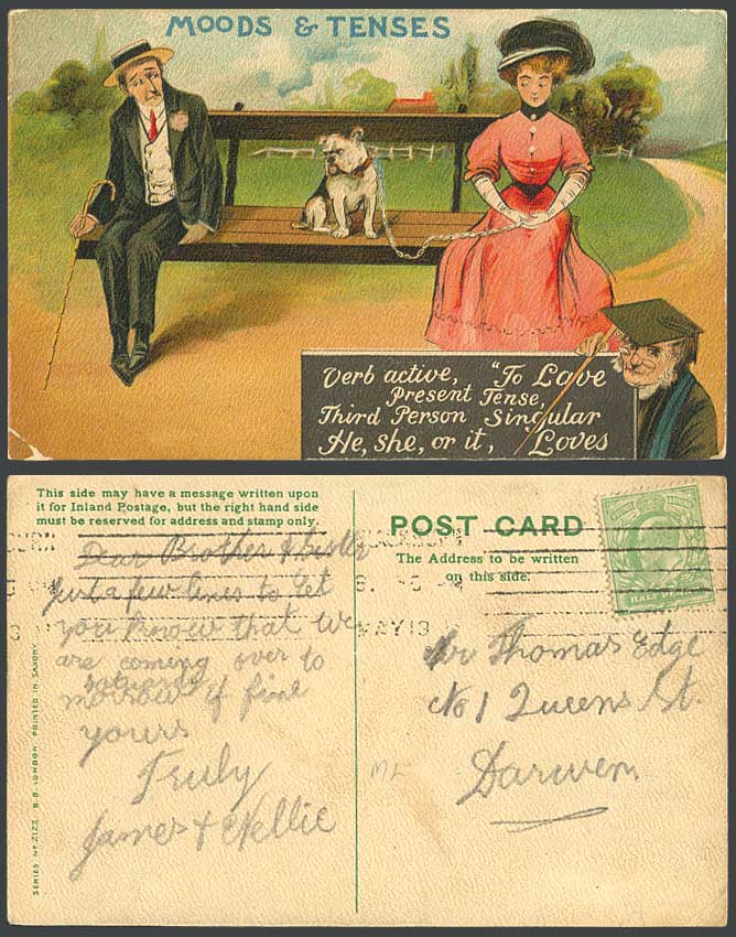 Bulldog Bull Dog 1913 Old Postcard Moods & Tenses, Verb Active TO LOVE, Singular