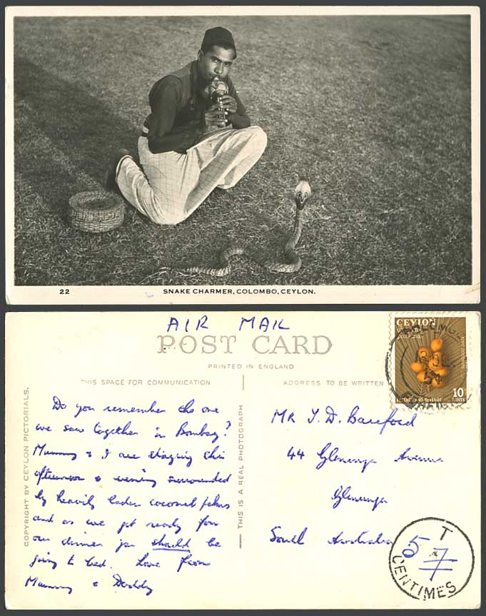 Ceylon Postage Due 10c 1954 Old R.P. Postcard Native Snake Charmer Cobra Colombo