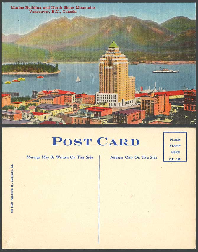 Canada Old Postcard Marine Building North Shore Mountains Vancouver B.C. Steamer