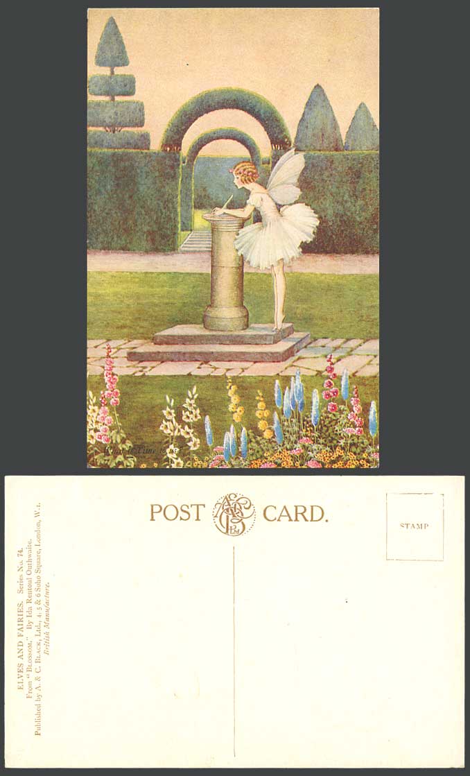 IR OUTHWAITE Old Postcard FAIRY GIRL SUNDIAL BLOSSOM What is Time To Us? Gardens
