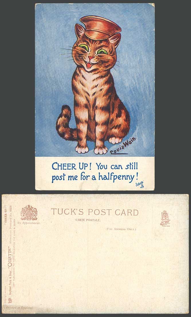 LOUIS WAIN Artist Signed Cat Kitten, Cheer Up Post Me For Halfpenny Old Postcard