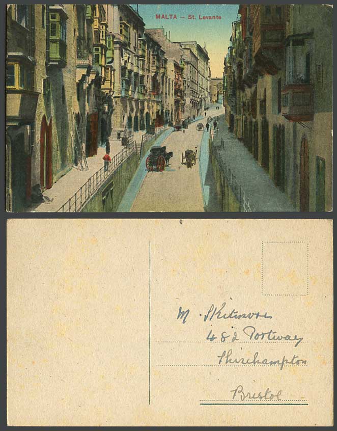 Malta Old Colour Postcard ST. LEVANTE Street Scene and Maltese Horse Drawn Carts