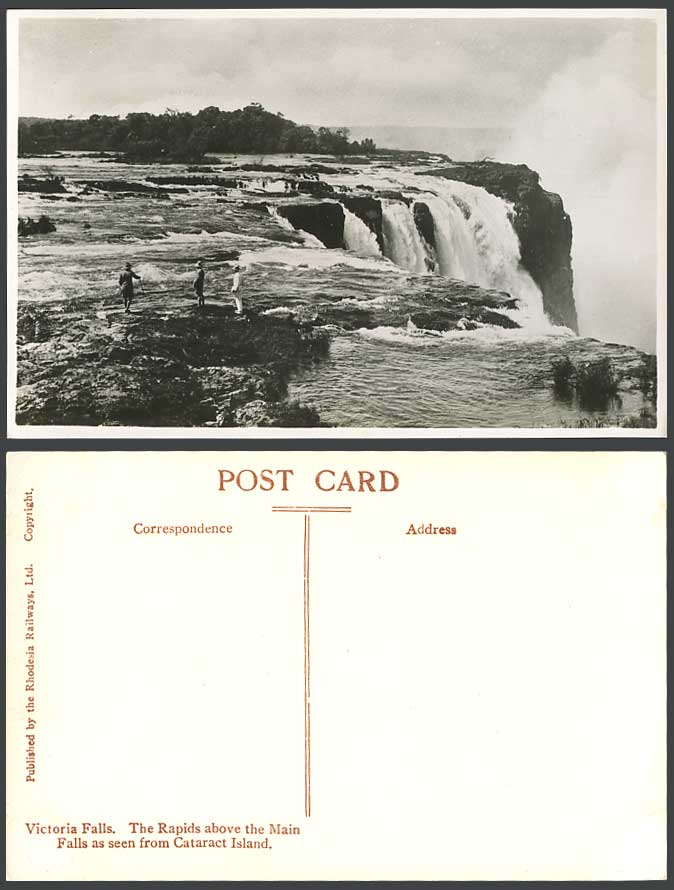 Rhodesia Old Postcard Victoria Falls Rapids Above Main Falls Cataract Island Men