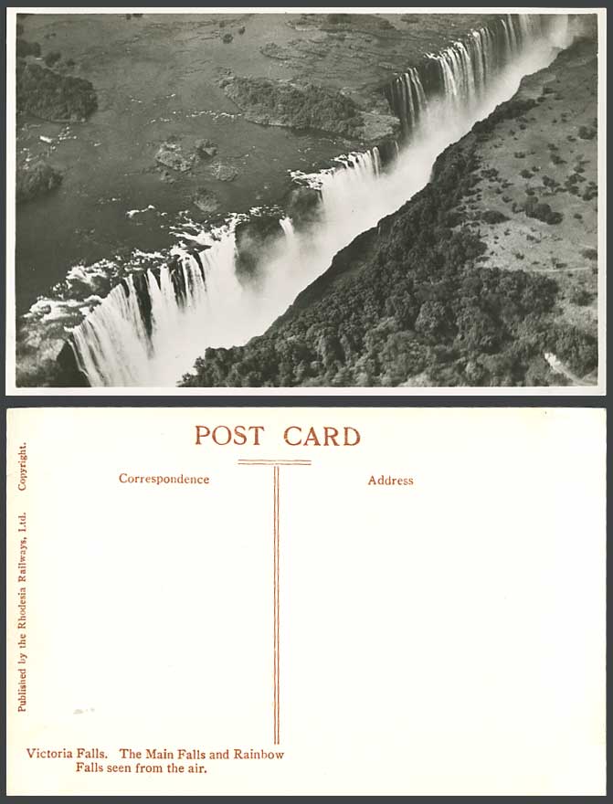 Rhodesia Old Postcard Victoria Falls Main and Rainbow Falls from Air Aerial View