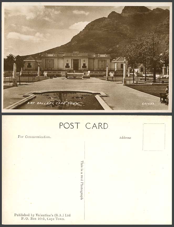 South Africa, Art Gallery Cape Town Fountain & Mountains Old Real Photo Postcard