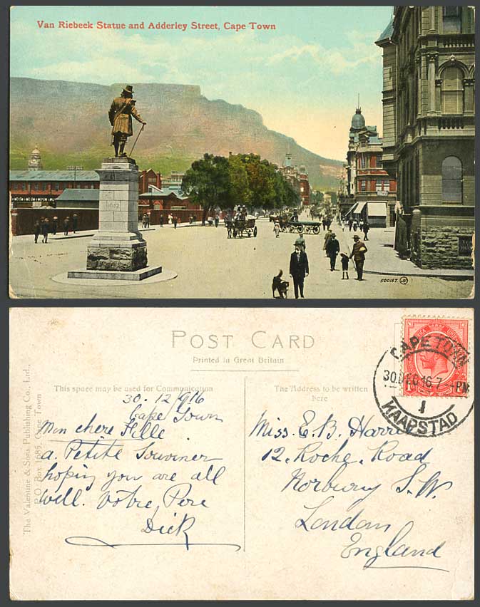 South Africa Van Riebeek Statue Adderley Street View Cape Town 1916 Old Postcard