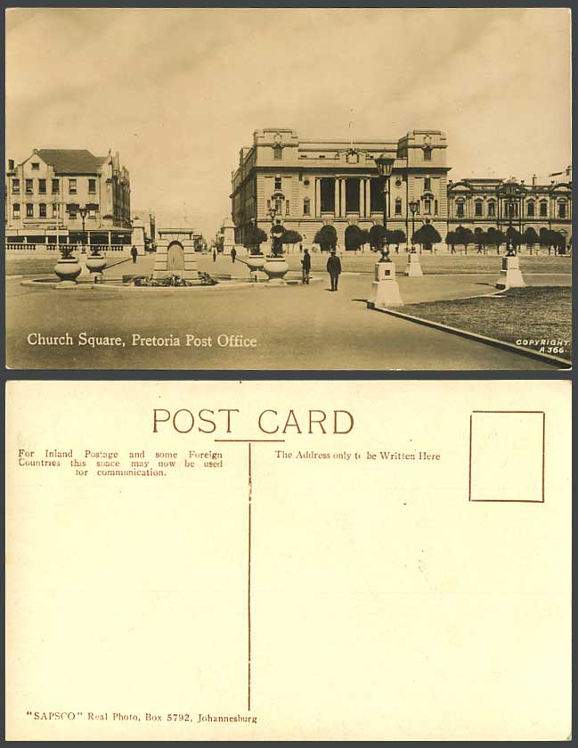 South Africa, Church Square, Pretoria Post Office Old Real Photo Postcard SAPSCO