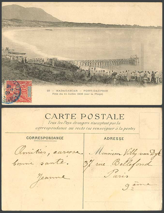 Madagascar 1907 Old Postcard Fort Dauphin Festival on Beach Fete du 14 July 1903