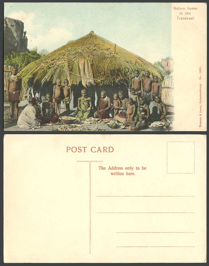 South Africa Native Home House Hut in Transvaal, Men Women Children Old Postcard