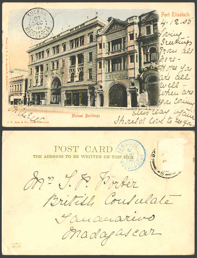 South Africa, Mutual Buildings Port Elizabeth 1905 Old Hand Tinted U.B. Postcard