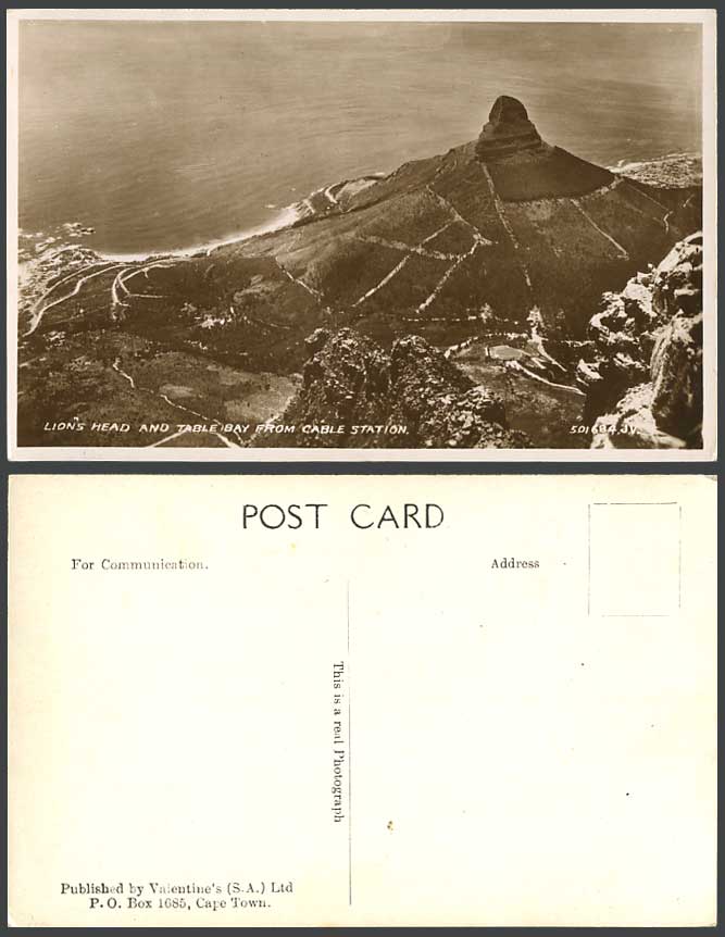 South Africa, Lion's Head & Table Bay from Cable Station Old Real Photo Postcard