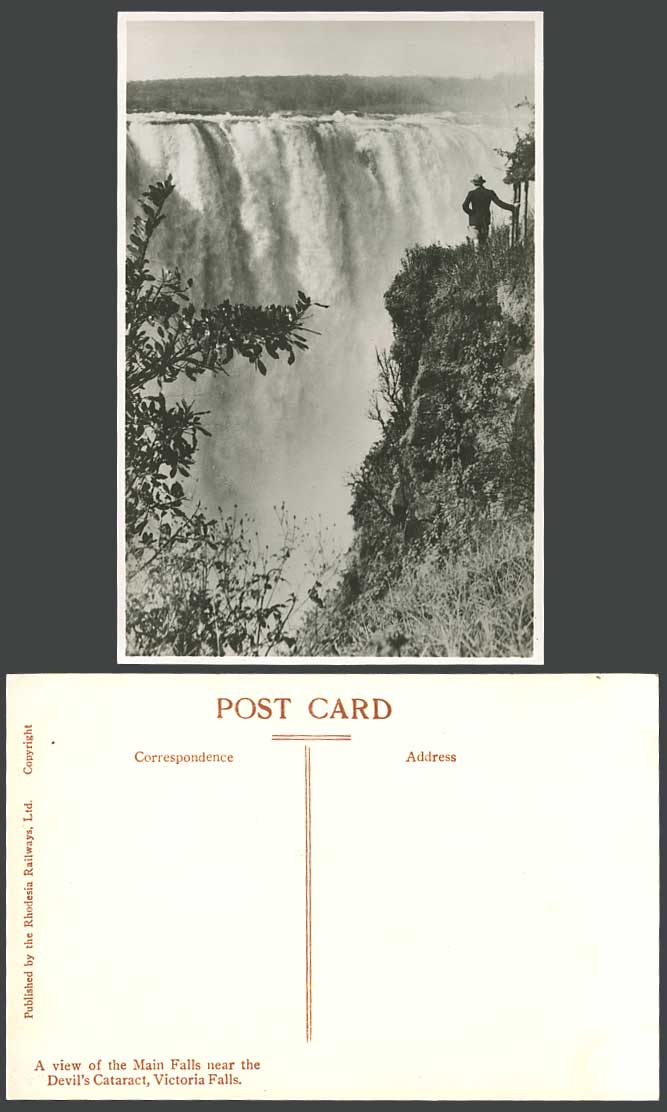 Rhodesia Old Real Photo Postcard VICTORIA MAIN FALLS near Devil's Cataract A Man