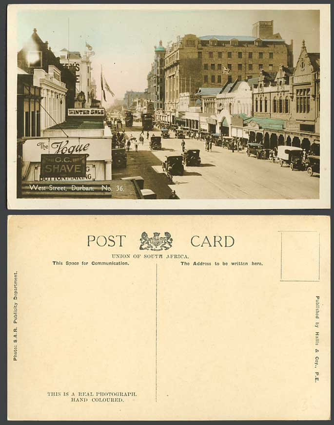 South Africa Old Hand Tinted RP Postcard West Street Scene Durban TRAM Cars Flag