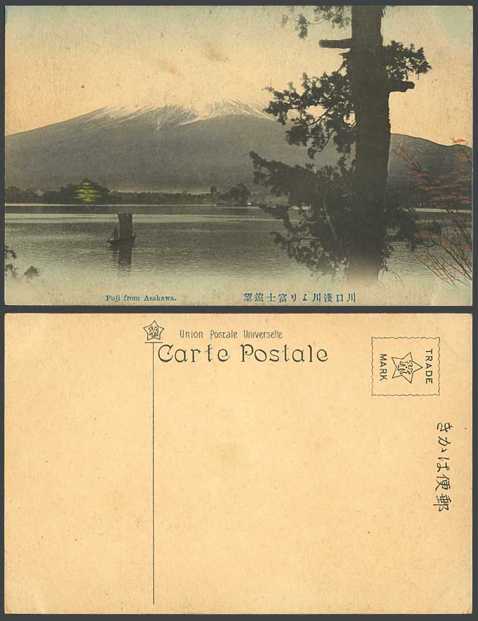 Japan Old Hand Tinted Postcard MT. FUJI from Asakawa Pine Tree Sailing Boat Pine