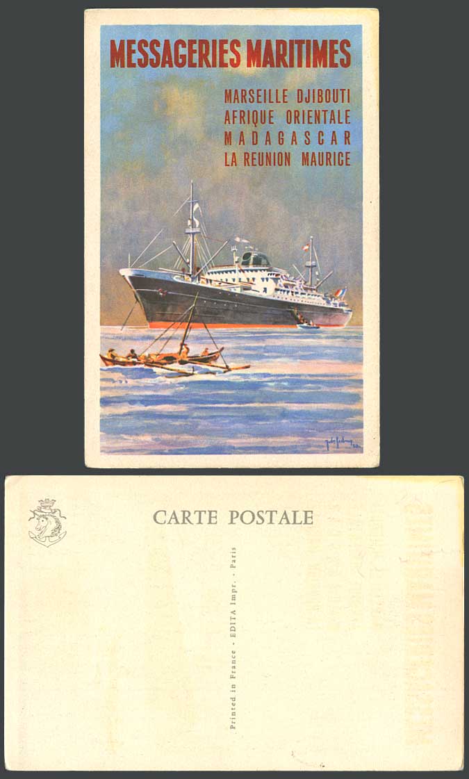 Cruise Liner Ship, Messageries Maritimes Djibouti Reunion Mauritius Old Postcard
