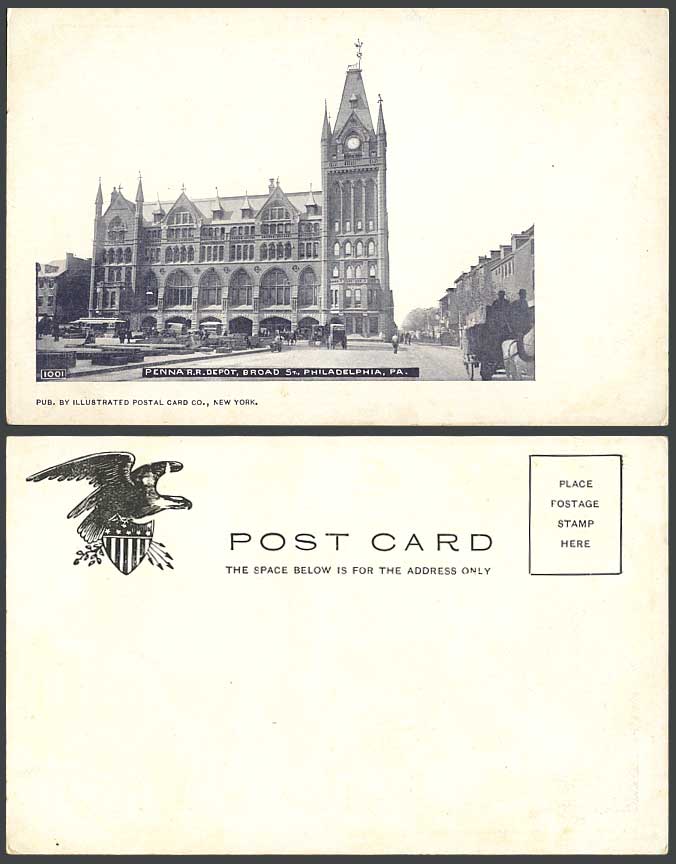 USA Old Postcard Penna R.R. Deport Broad St. Street Philadelphia PA. Clock Tower