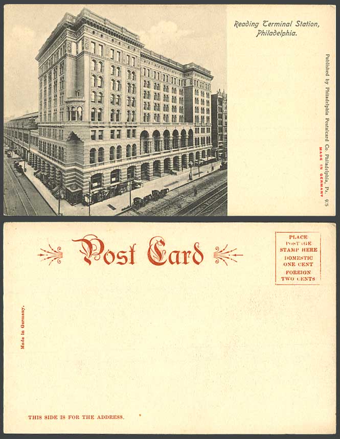 USA Old Postcard Reading Terminal Station, Philadelphia PA, Street Scene Railway