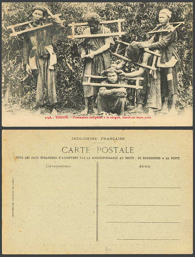 Indochina Old Postcard Tonkin Native Indigenous Prisoners in CANGUE Seeking Lice