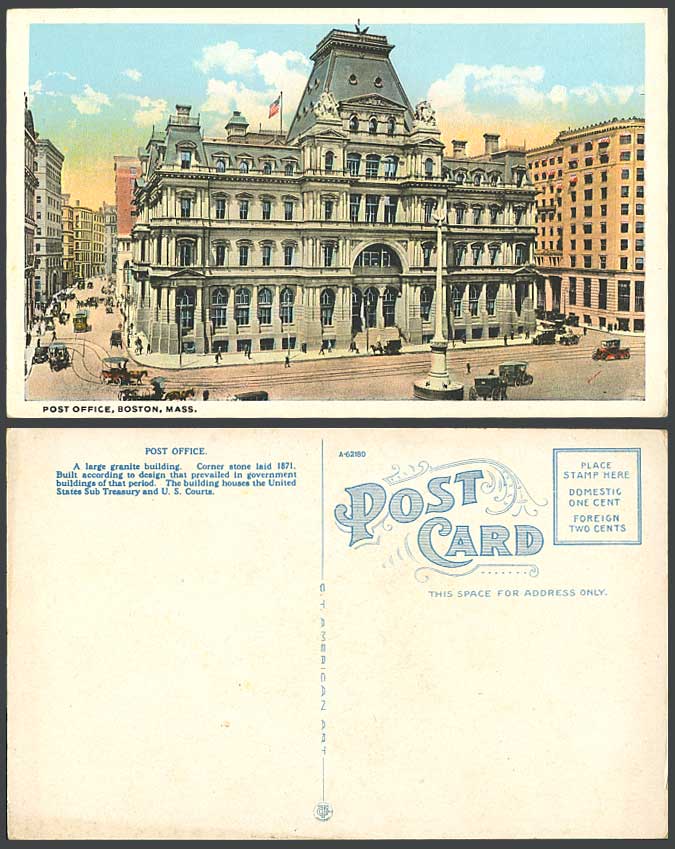 USA Old Postcard Post Office Boston Mass Massachusetts Street Scene TRAM Tramway