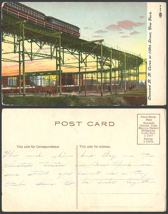 USA Old Postcard Elevated R.R. Curve at 110th Street New York Train Railway Tram