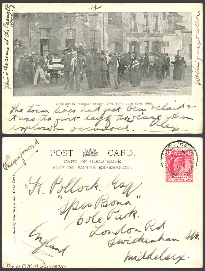 South Africa Explosion in Adderley Street Cape Town, June 13th 1905 Old Postcard