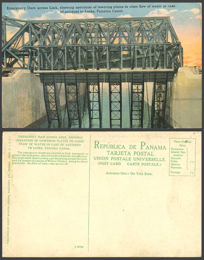 Panama Canal Emergency Dam across Lock Operation of Lowering Plates Old Postcard