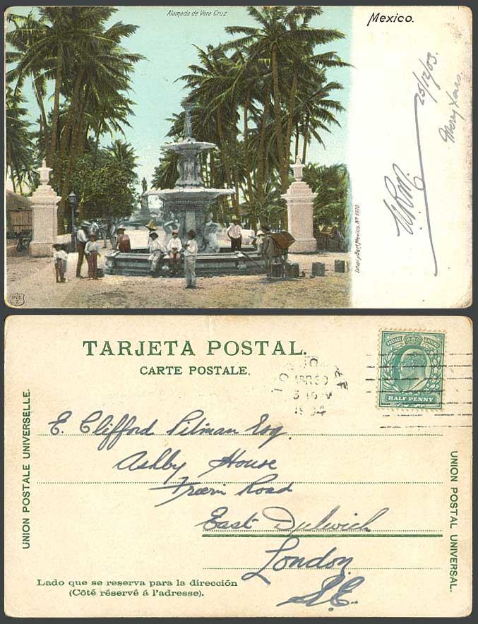 Mexico 1904 Old Postcard Alameda de la Vera Cruz Fountain Donkey Native Men Boys