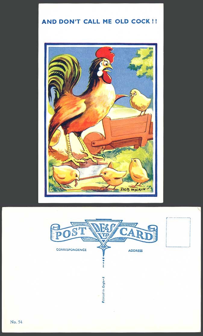 And Don't Call Me Old Cock! Rooster Chicks Bob Wilkin Artist Signed Old Postcard