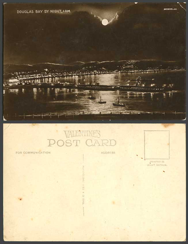 Isle of Man Old Postcard Douglas Bay by Night Moon Moonlight Pier Jetty Harbour