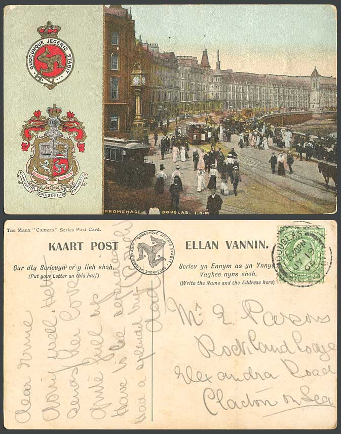 Isle of Man 1906 Old Postcard Douglas Promenade Coat of Arms Tramcar Clock Tower