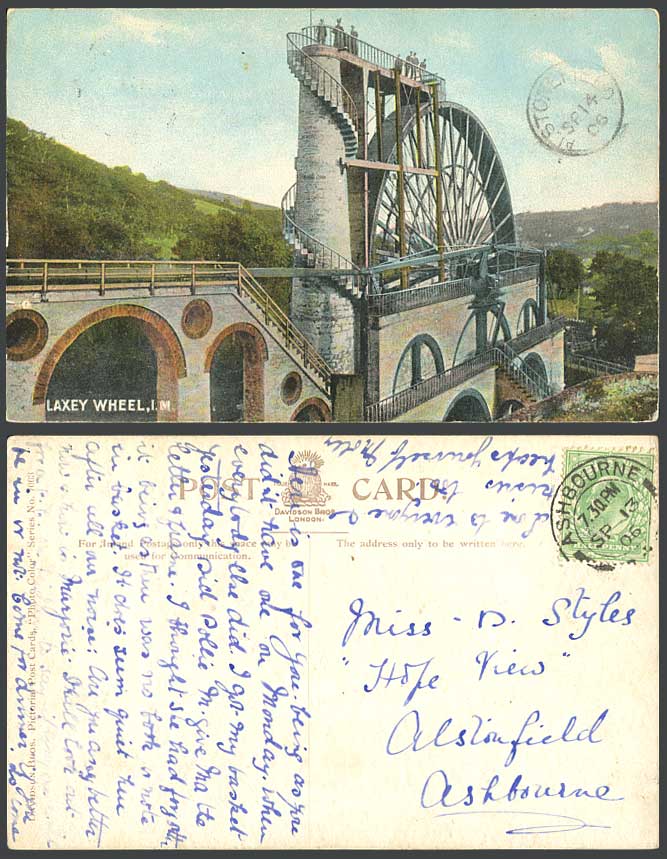 Isle of Man 1906 Old Colour Postcard THE GREAT WHEEL LAXEY GLEN Big Water Wheel