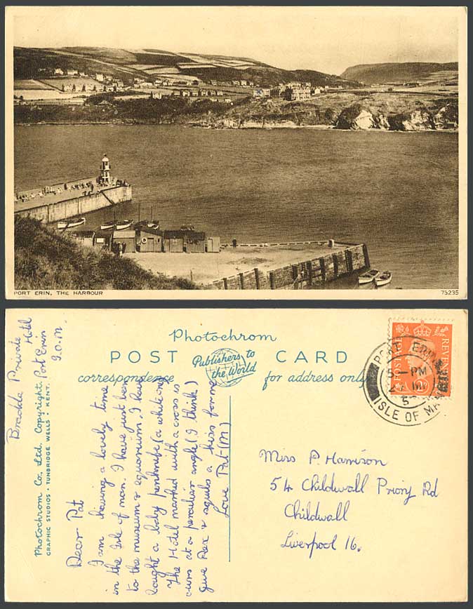 Isle of Man 1952 Old Postcard Harbour, Lighthouse, Cliffs Hills Boats Pier Jetty