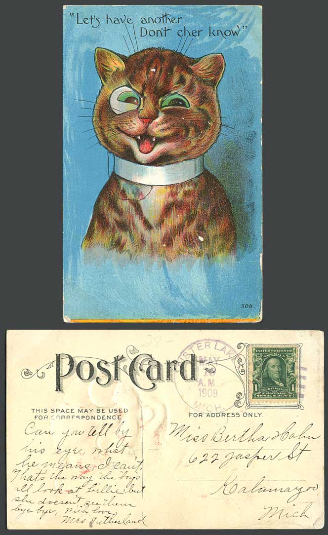 Louis Wain Unsigned, Cat Let's have another Don't Cher Know 1909 Old Postcard US