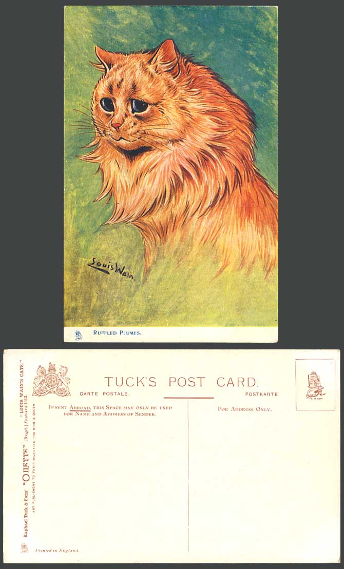 Louis Wain Artist Signed Cat Kitten, Ruffled Plumes, Tuck's Oilette Old Postcard