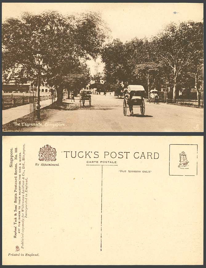 Singapore Old Tuck's Postcard THE ESPLANADE Street Scene Rickshaw Coolies Malaya