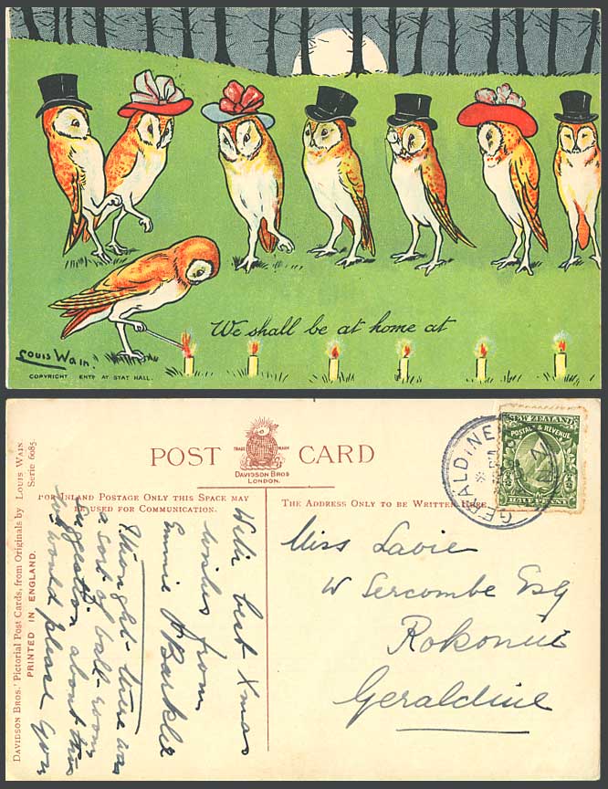 Louis Wain Artist 1908 Old Postcard Owls Birds We Shall be at Home at Write Away