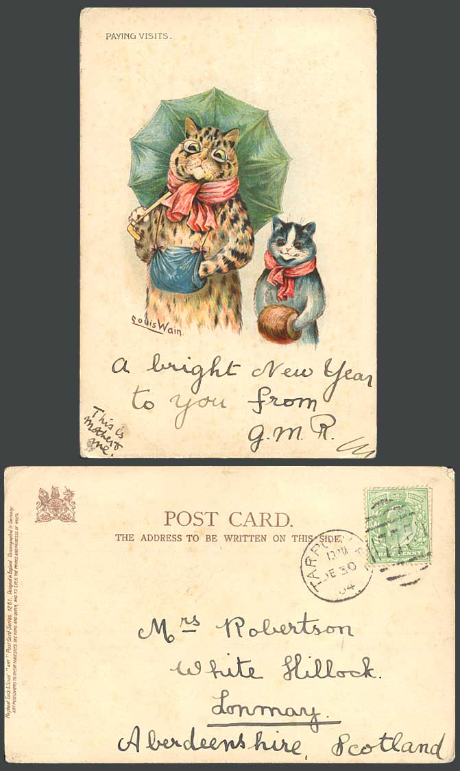 Louis Wain Artist Signed Cats Kittens Paying Visits, Muff 1904 Old Tuck Postcard