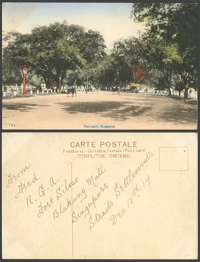 Singapore ESPLANADE, from Fort Siloso Blakang Mati 1917 Old Hand Tinted Postcard