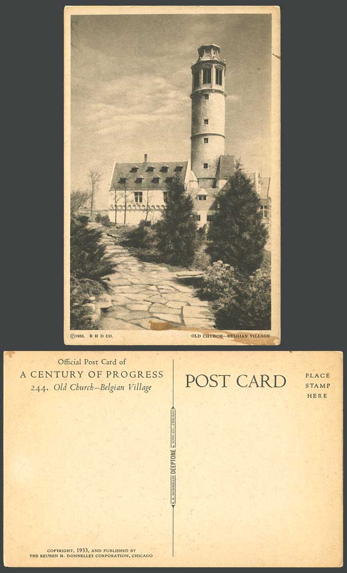 USA Old Church Tower Belgian Village Chicago A Century of Progress Old Postcard