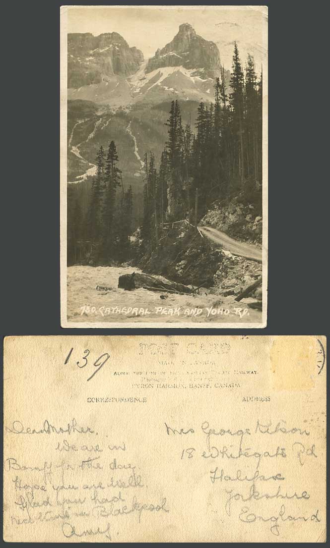 Canada Old Real Photo Postcard Cathedral Peak Yoho Road Snowy Mountains Toronto