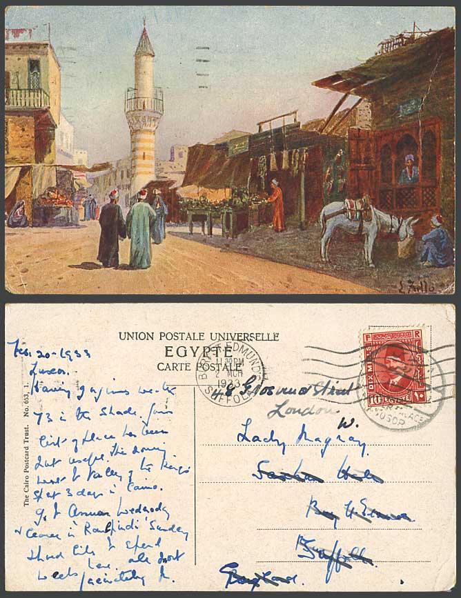 Egypt L. Zullo Artist Signed 1933 Old Postcard Street Scene Donkey Mosque Tower