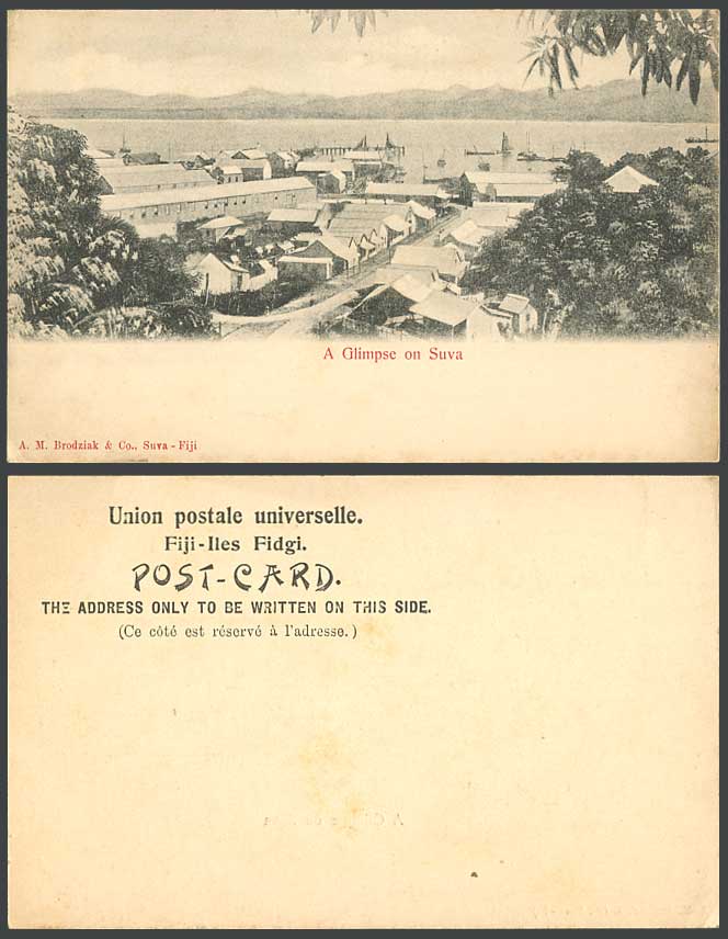 Fiji Old U.B. Postcard A Glimpse of SUVA, Street Scene Houses Harbour Boats Pier