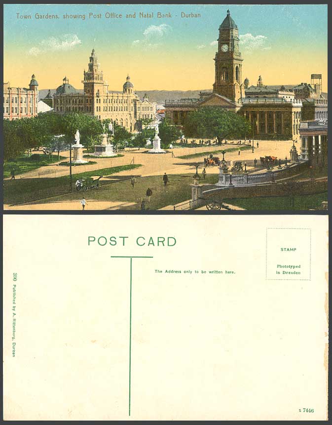 South Africa Durban Old Postcard Town Gardens Post Office Natal Bank Clock Tower
