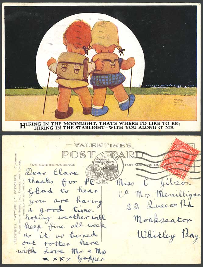 MABEL LUCIE ATTWELL 1931 Old Postcard Hikers HIKING in MOONLIGHT Moon Night 1987