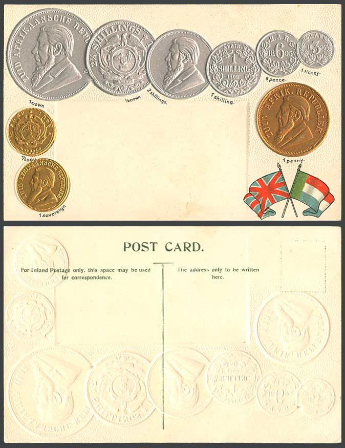 South Africa Vintage Coins 2 1/2 Shillings Flags Coin Card Old Embossed Postcard