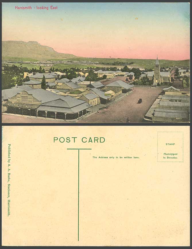 South Africa Old Hand Tinted Postcard Harrismith Looking East Street Scene Hills