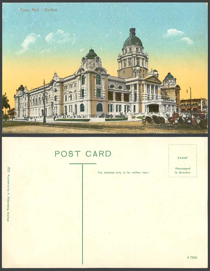 South Africa Durban Old Postcard Town Hall, Street Scene and Native Ricksha Boys