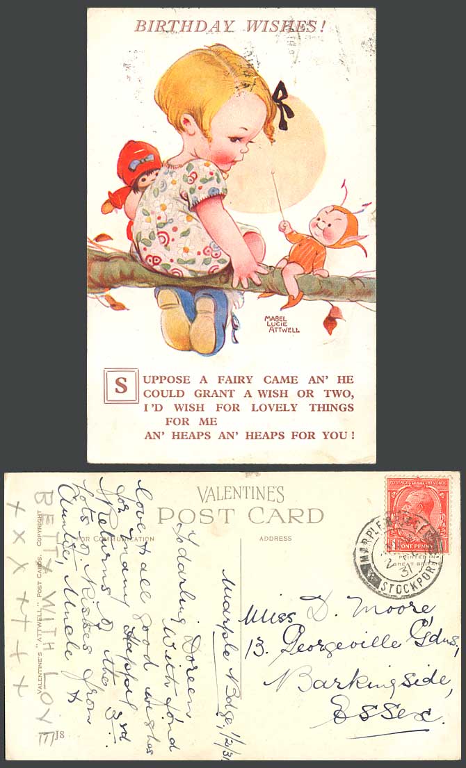 MABEL LUCIE ATTWELL 1931 Old Postcard Birthday Wishes Fairy Grant a Wish Doll J8