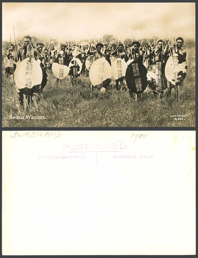 Swaziland Swazie Warriors Native Black Men Spears & Shields 1925 Old RP Postcard